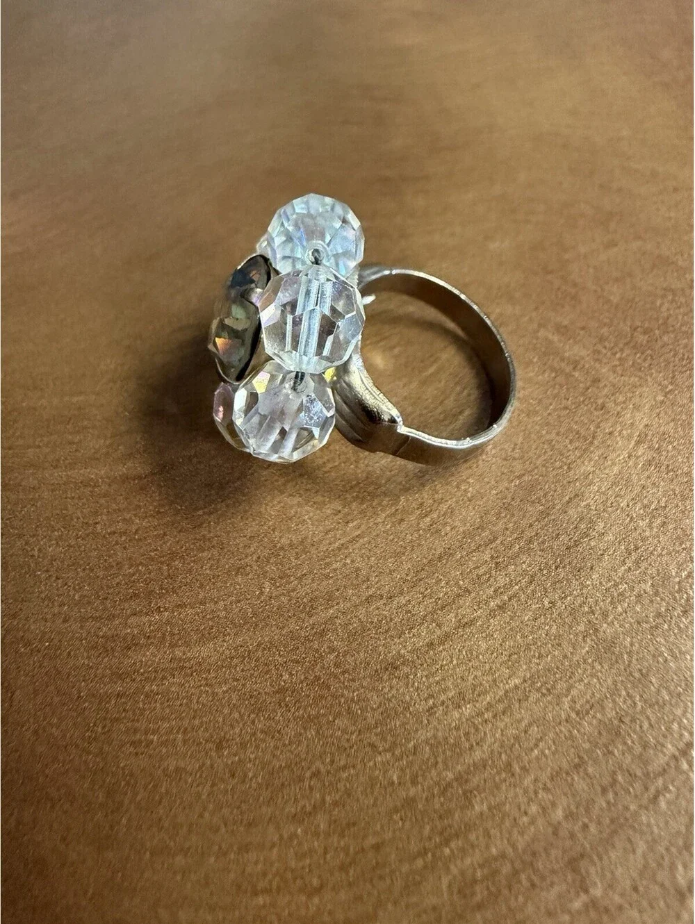 Clear Crystal Flower Cluster Cocktail Ring Silvertone Metal Ring adjustable size